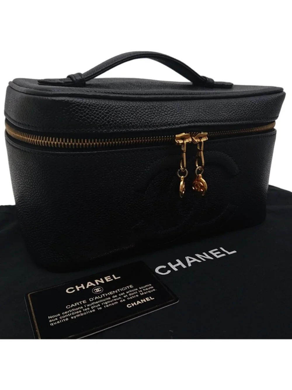 Chanel Caviar Leather Vanity Bag CC Logo Black Bag with Card